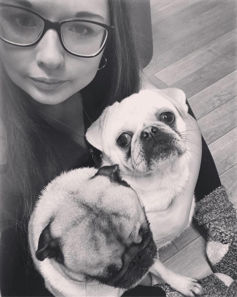 Chloe is posing with pugs Bulo and Jax