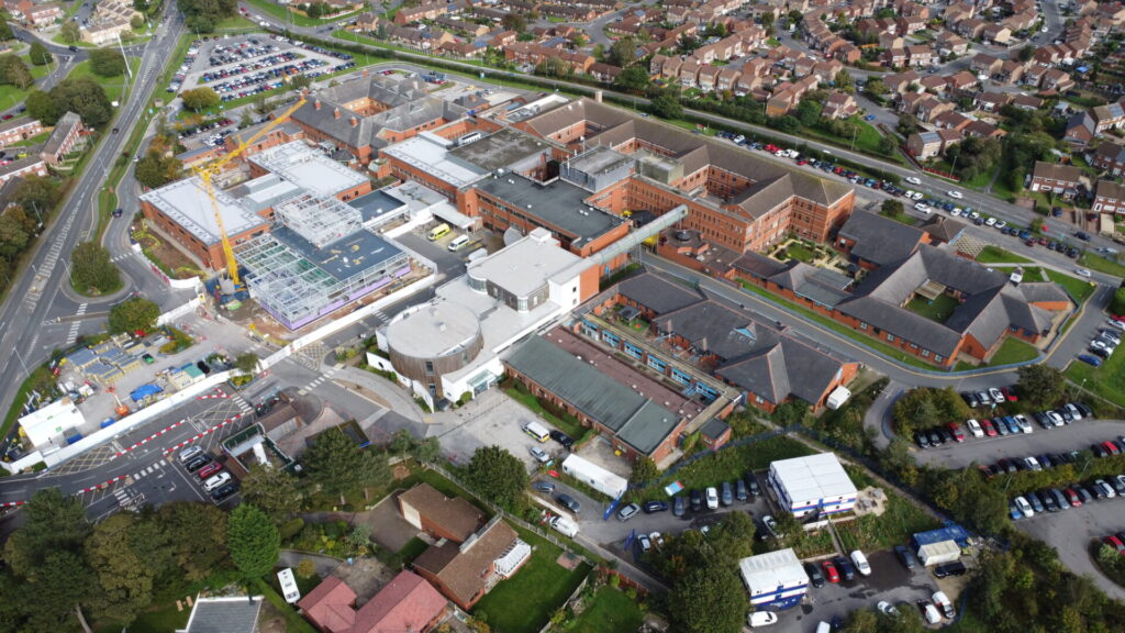 Aerial view of Bassetlaw Hospital during the construction phase of the new development